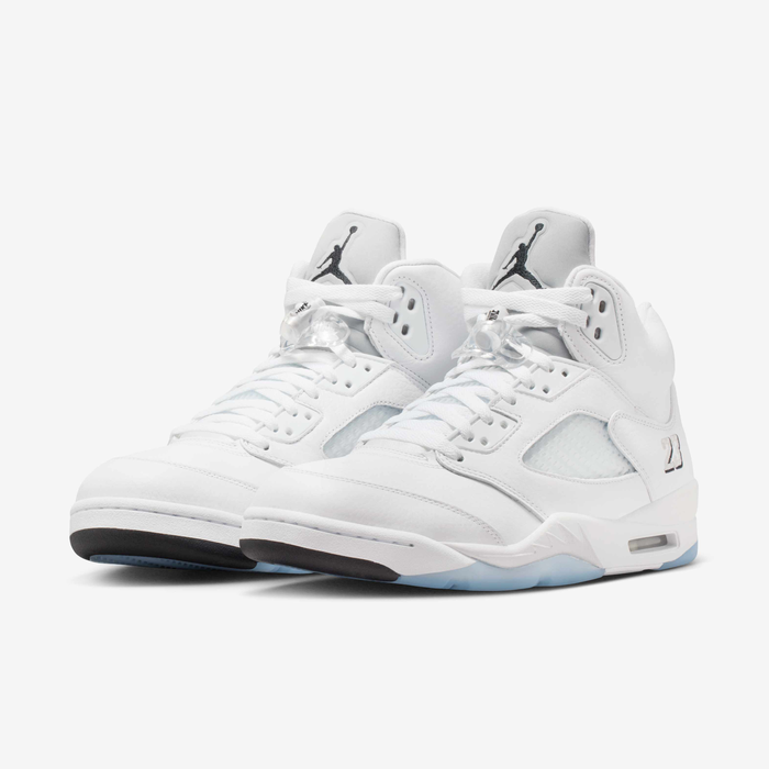 Air Jordan 5 Retro OG — White and Metallic Silver — front three quarter pair