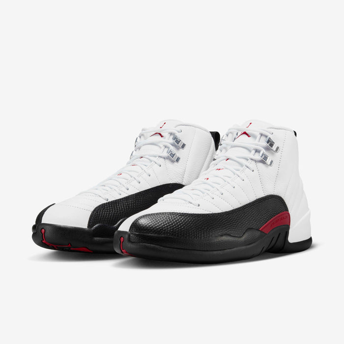 Air Jordan 12 Retro — White / Black / Gym Red — front three quarter pair