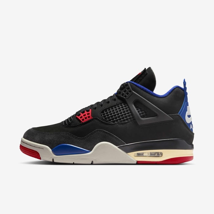 Air Jordan 4 Retro — Black / Deep Royal Blue / Fire Red — lateral side