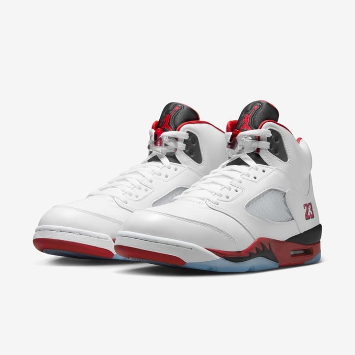 Air Jordan 5 Retro OG — White / Black / Fire Red — front three quarter pair