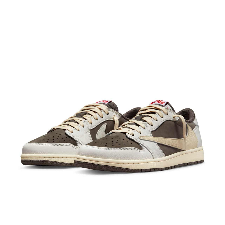 Air Jordan 1 Low x Travis Scott — Sail and Ridgerock — front three quarter pair