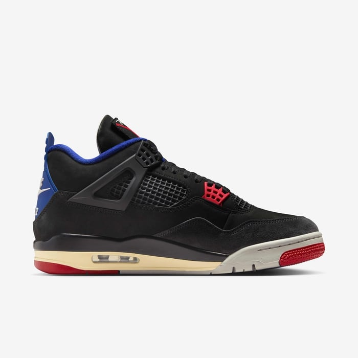 Air Jordan 4 Retro — Black / Deep Royal Blue / Fire Red — medial side