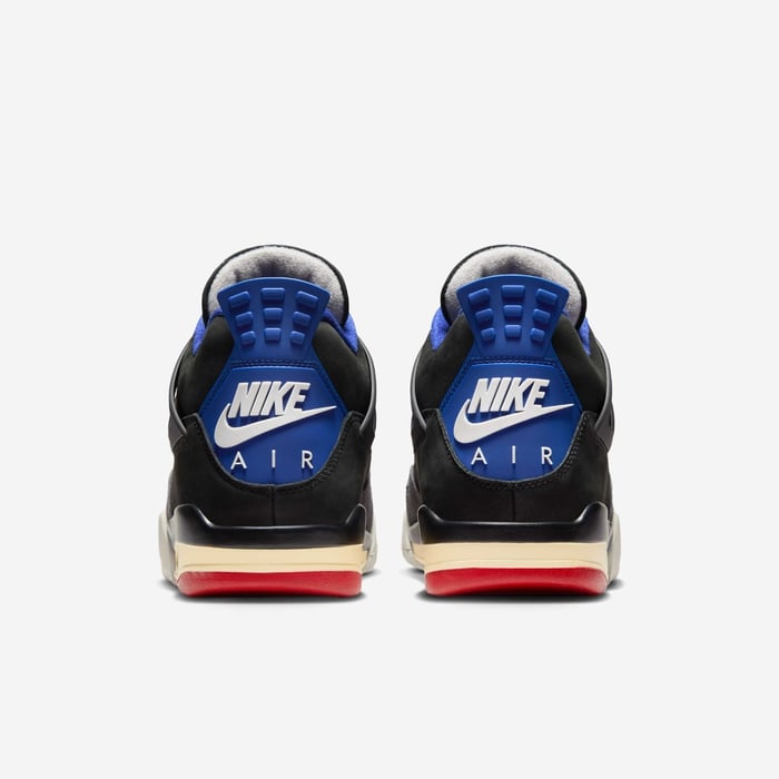 Air Jordan 4 Retro — Black / Deep Royal Blue / Fire Red — rear pair