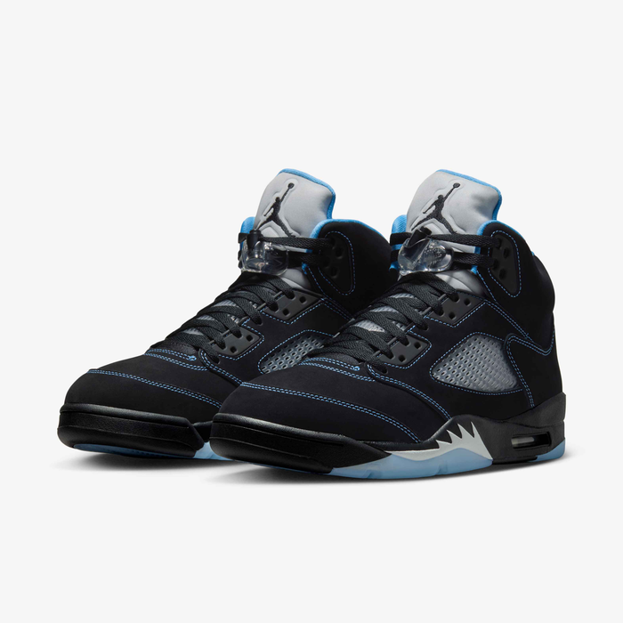 Air Jordan 5 Retro — Black / White / University Blue — front three quarter pair