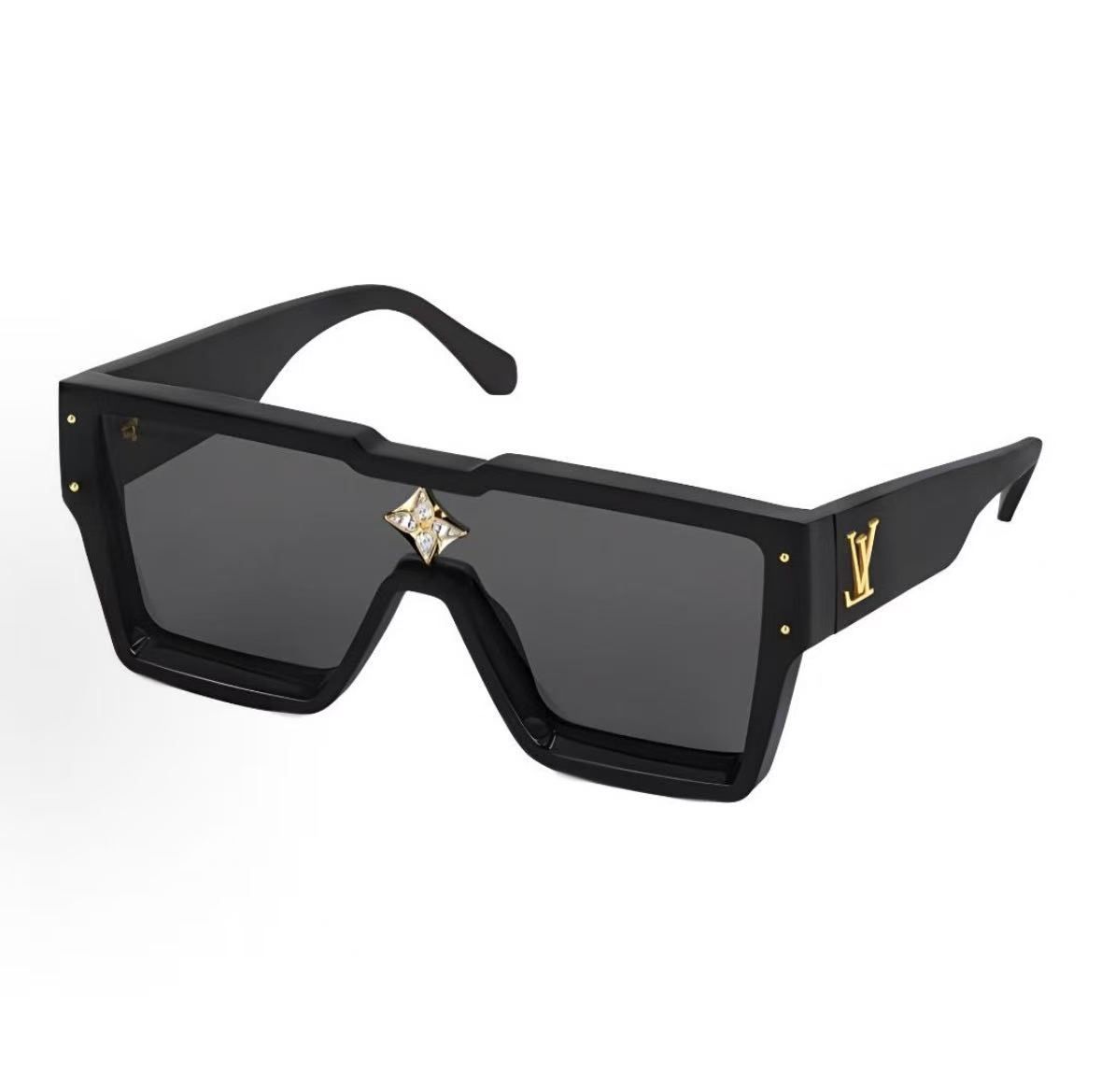 Louis Vuitton Rectangular Sunglasses — Black / Grey Lenses / Gold Details — source catalog front three quarter