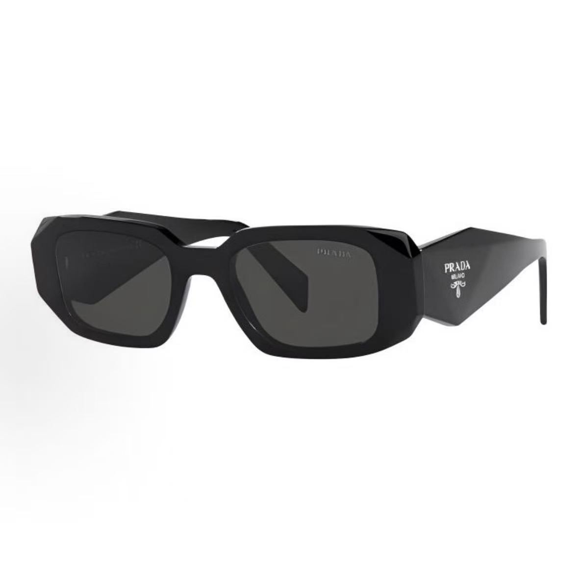 Prada Rectangular Sunglasses — Black / Grey Lenses — source catalog front three quarter