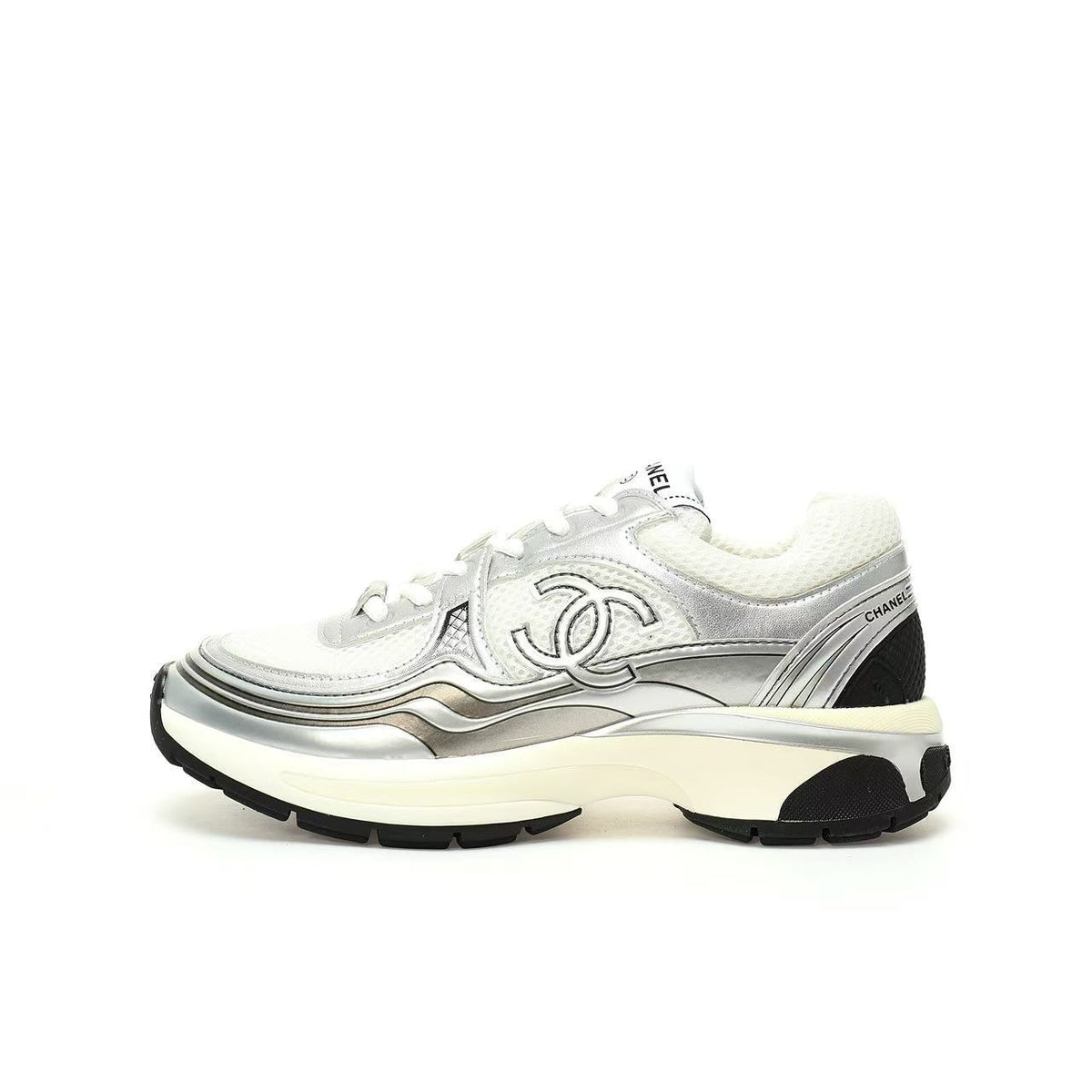 Chanel Sneakers — Silver / White / Black — lateral side