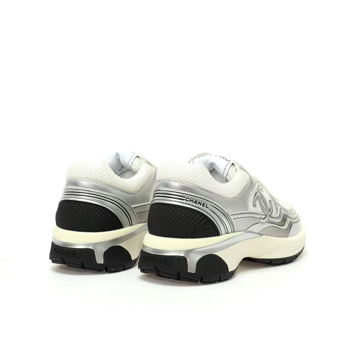 Chanel Sneakers — Silver / White / Black — rear pair
