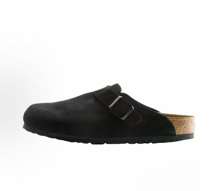 Birkenstock Clogs — Black / Dark Buckle — source catalog lateral side