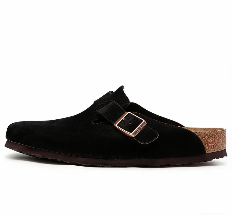 Birkenstock Clogs — Black / Copper Tone Buckle — source catalog lateral side