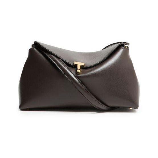 Toteme T-Lock leather clutch bag — Bark