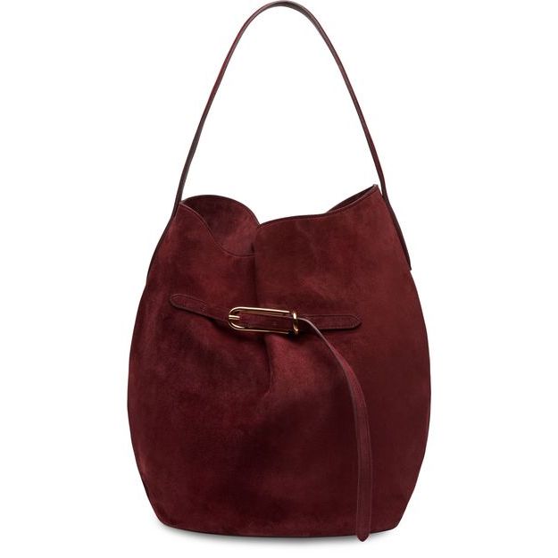 Liffner Large belted suede bucket bag — Burgundy Gold Hardware Cow Suede