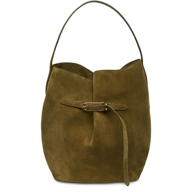 Liffner Large belted suede bucket bag — Army Gold Hardware Cow Suede