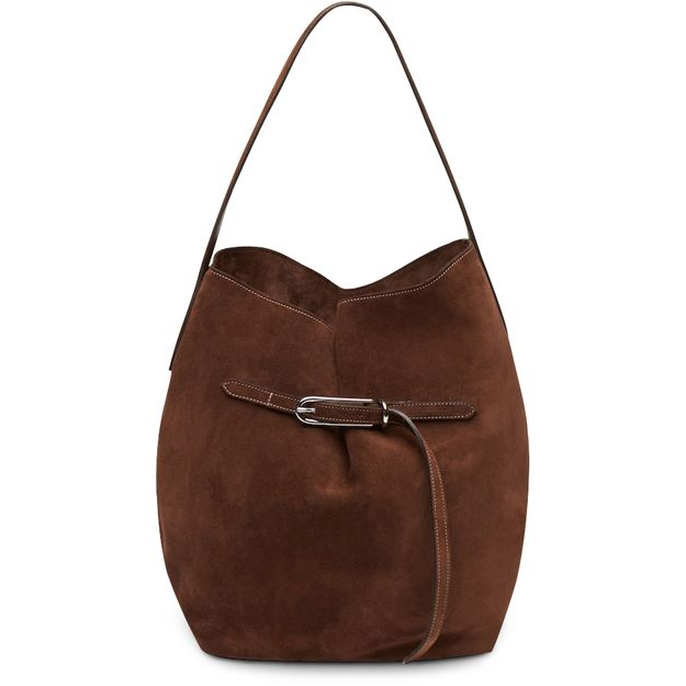 Liffner Belted large suede bucket bag — Dark Brown