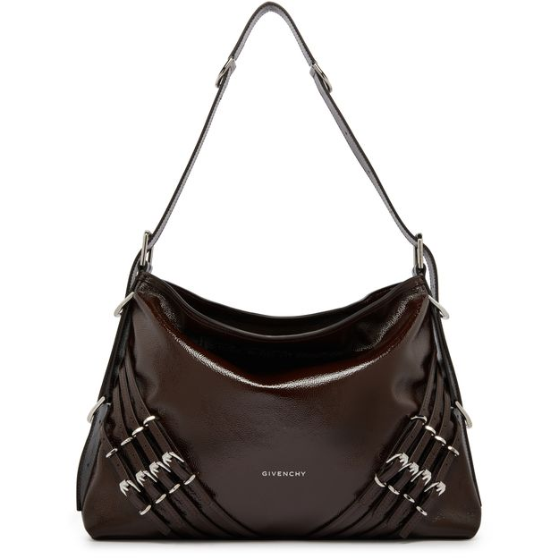 Givenchy Voyou medium bag in patent leather with multi-buckles — Ebony Brown