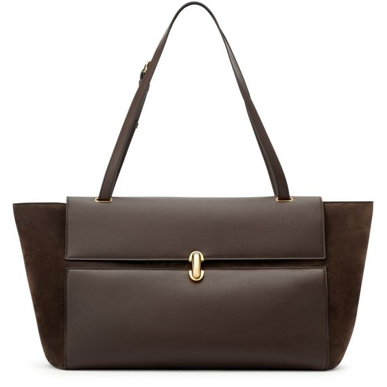 Savette Large suede and smooth calfskin Trapèze bag — Coffee