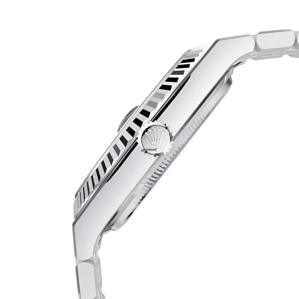 Rolex Land-Dweller Ice Blue Honeycomb Dial Flat Jubilee Bracelet, crown-side case profile