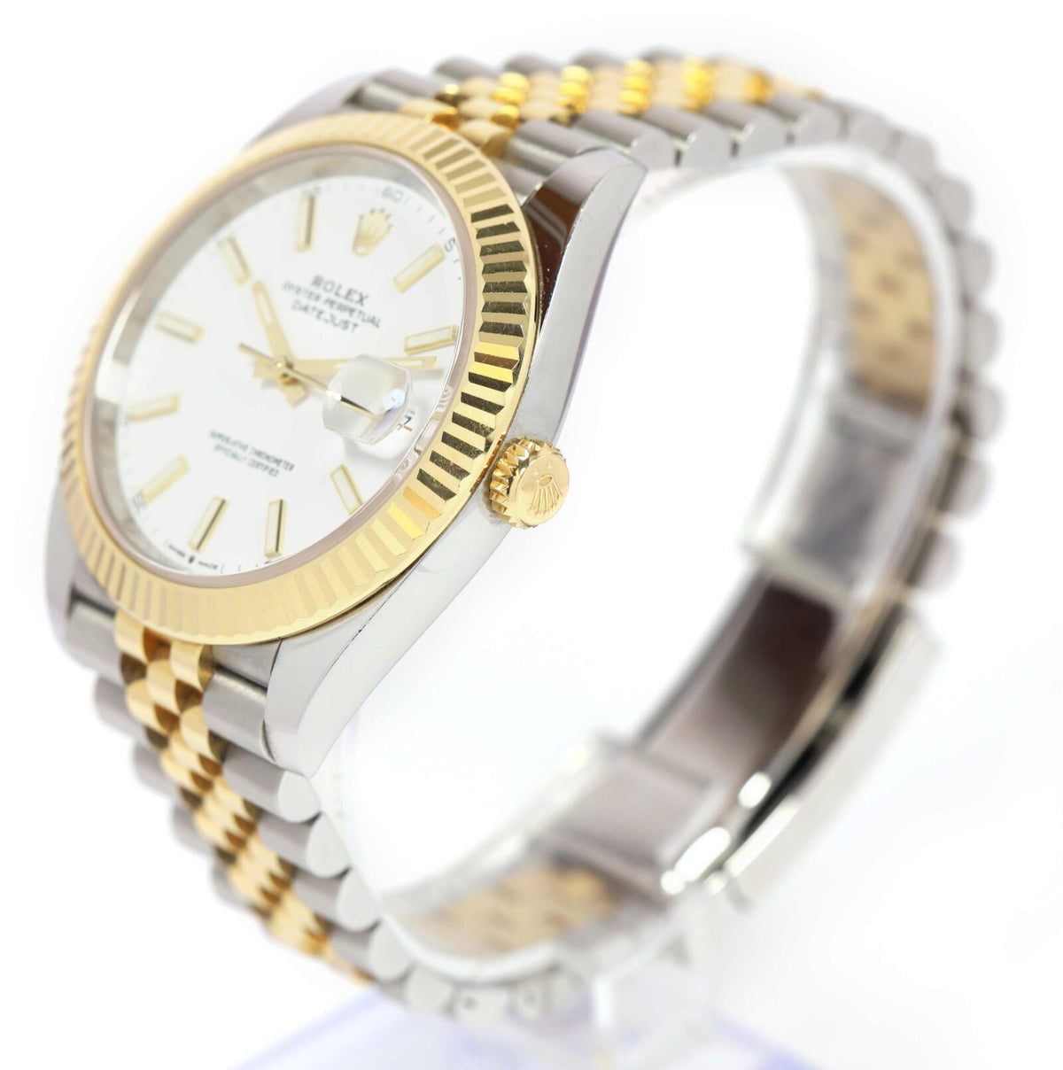 Rolex Datejust White Dial Two-Tone Jubilee Bracelet, crown-side angled dial