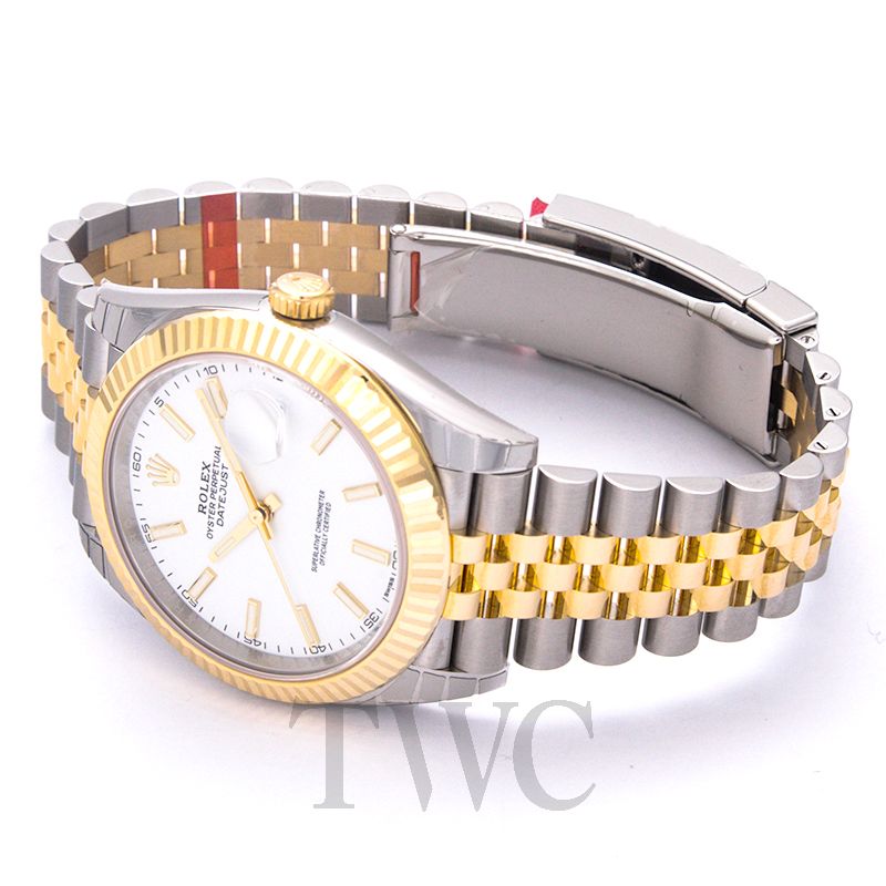 Rolex Datejust White Dial Two-Tone Jubilee Bracelet, low angled dial with bracelet open