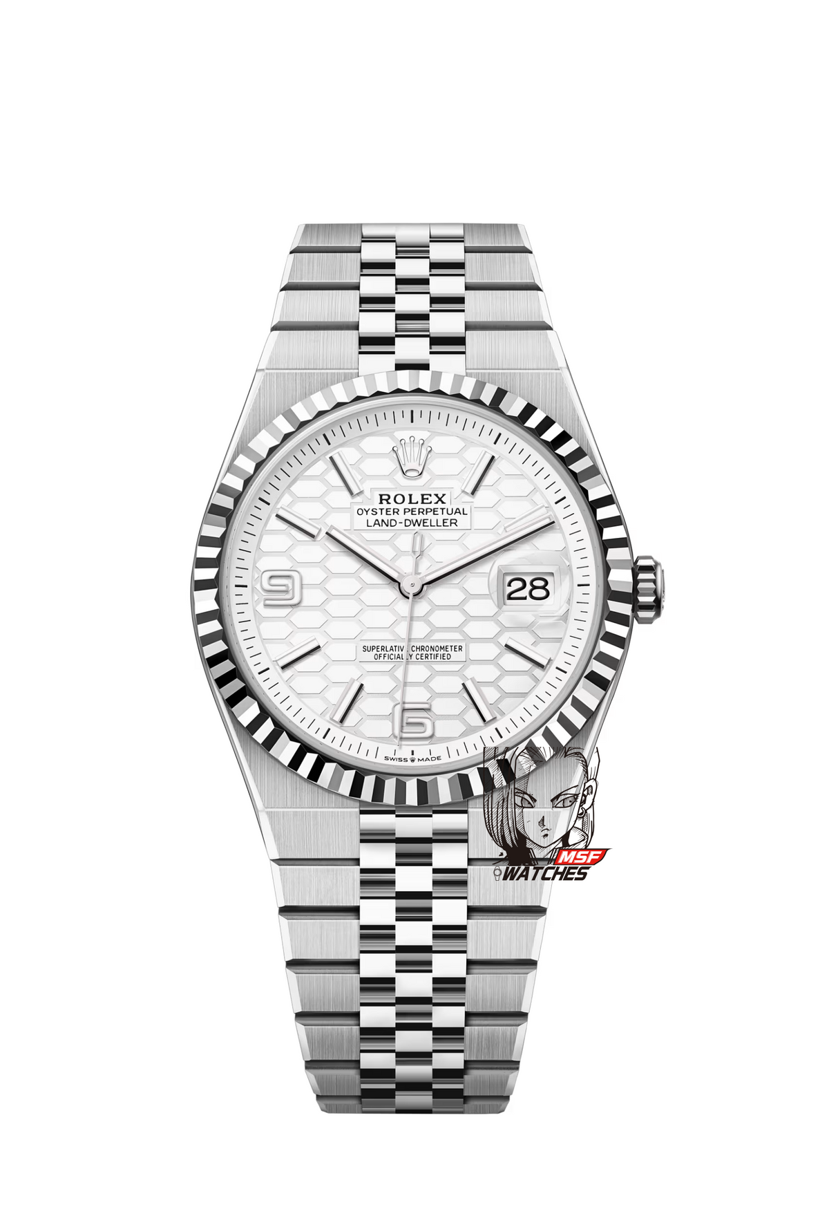 Rolex Land-Dweller White Honeycomb Dial Flat Jubilee Bracelet, view 1