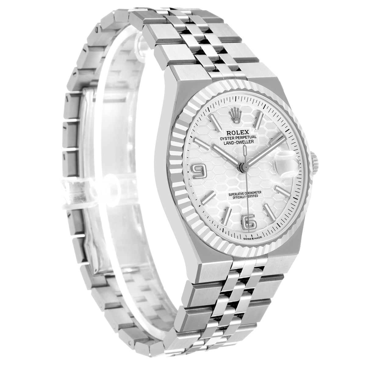 Rolex Land-Dweller White Honeycomb Dial Flat Jubilee Bracelet, opposite-side angled dial