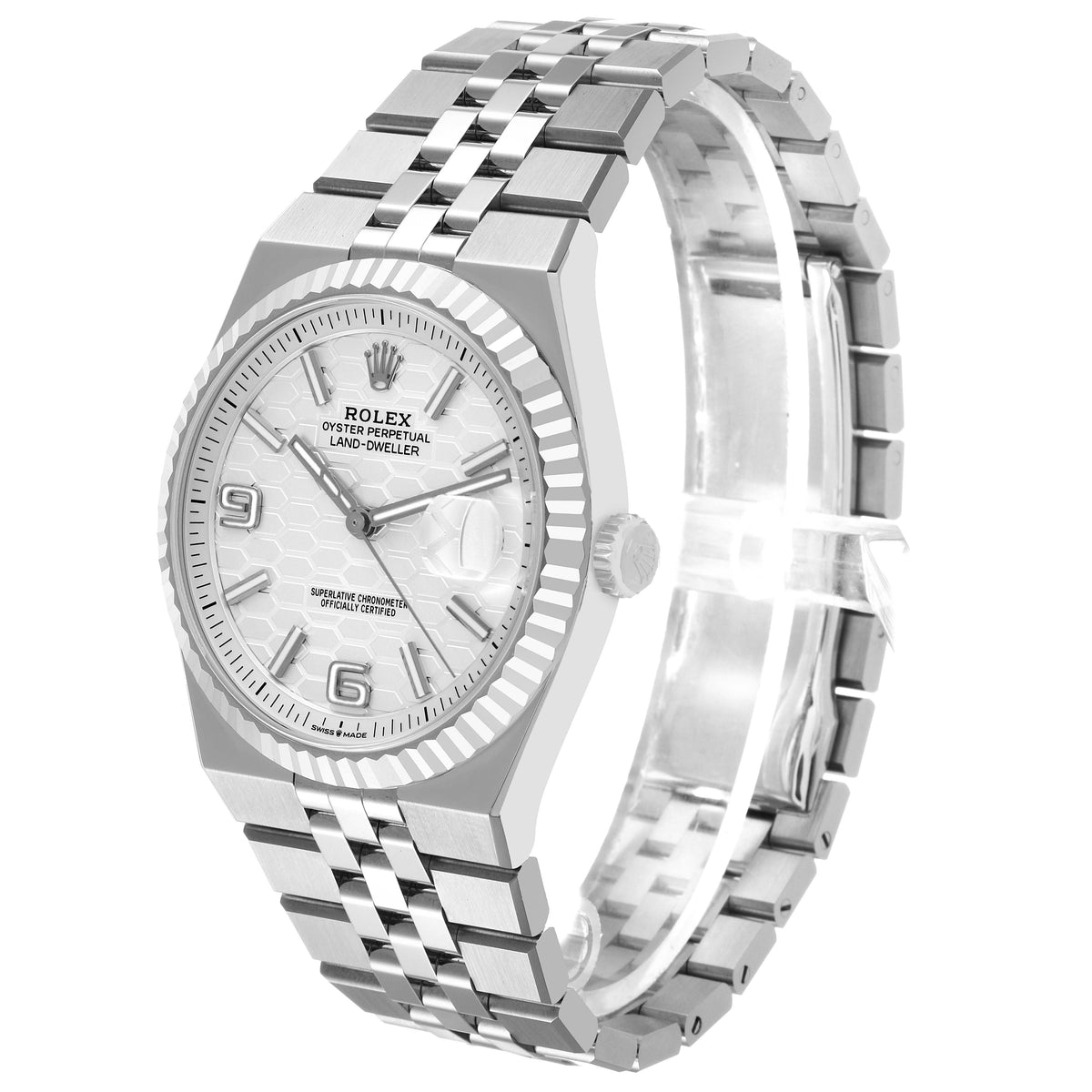 Rolex Land-Dweller White Honeycomb Dial Flat Jubilee Bracelet, crown-side angled dial