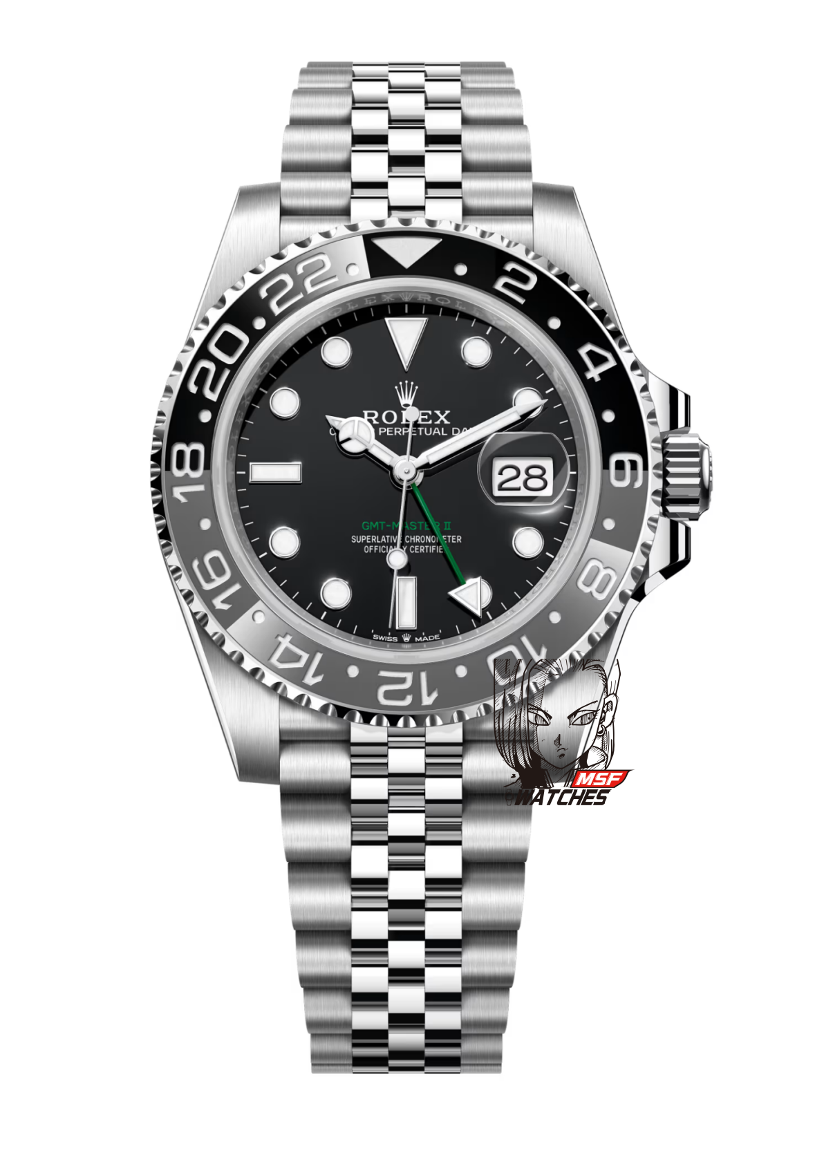 Rolex GMT-Master II Black Dial Gray Black Bezel Jubilee Bracelet, view 1