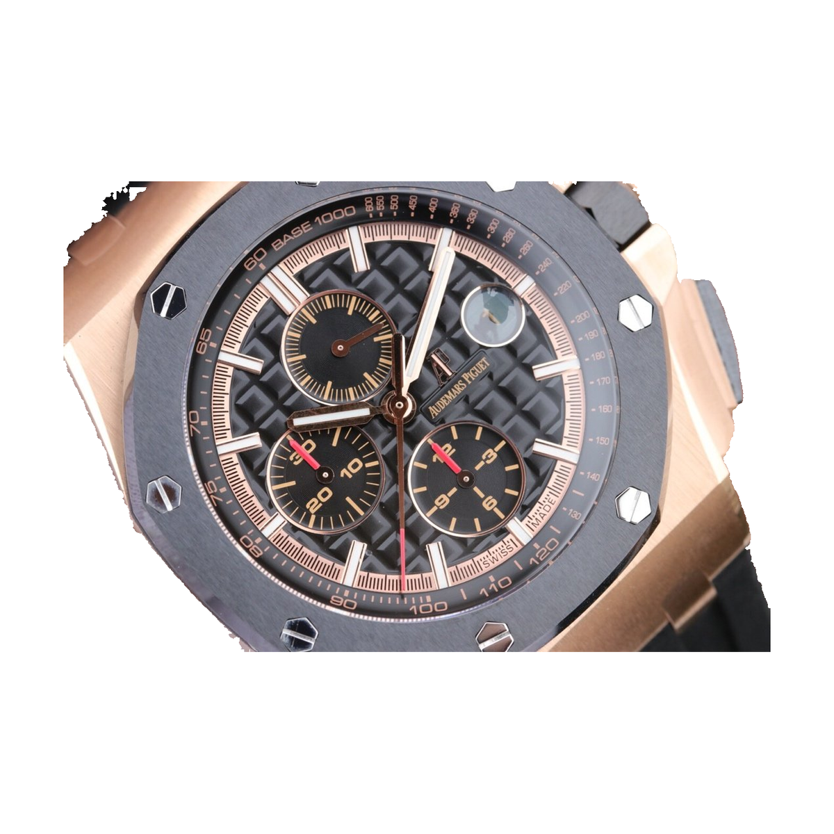 Replica watch internal catalogue — Audemars Piguet design ref. 26406 (unverified), view 03. Original visible-watch pixels on white square background; original crop/occlusion retained, mask edges require manual fine check.