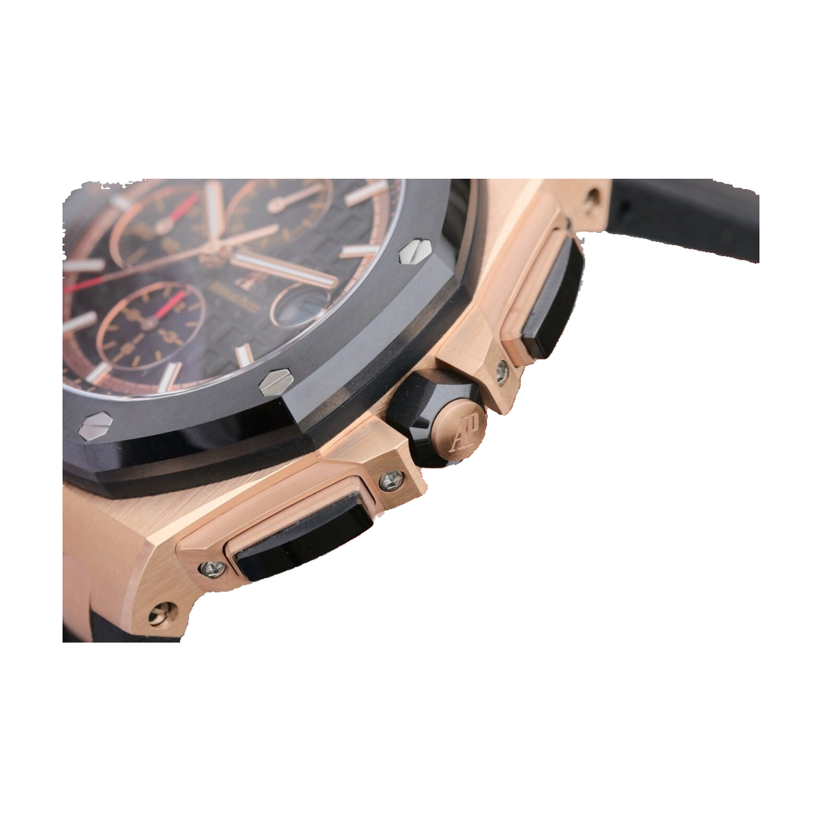 Replica watch internal catalogue — Audemars Piguet design ref. 26406 (unverified), view 04. Original visible-watch pixels on white square background; original crop/occlusion retained, mask edges require manual fine check.