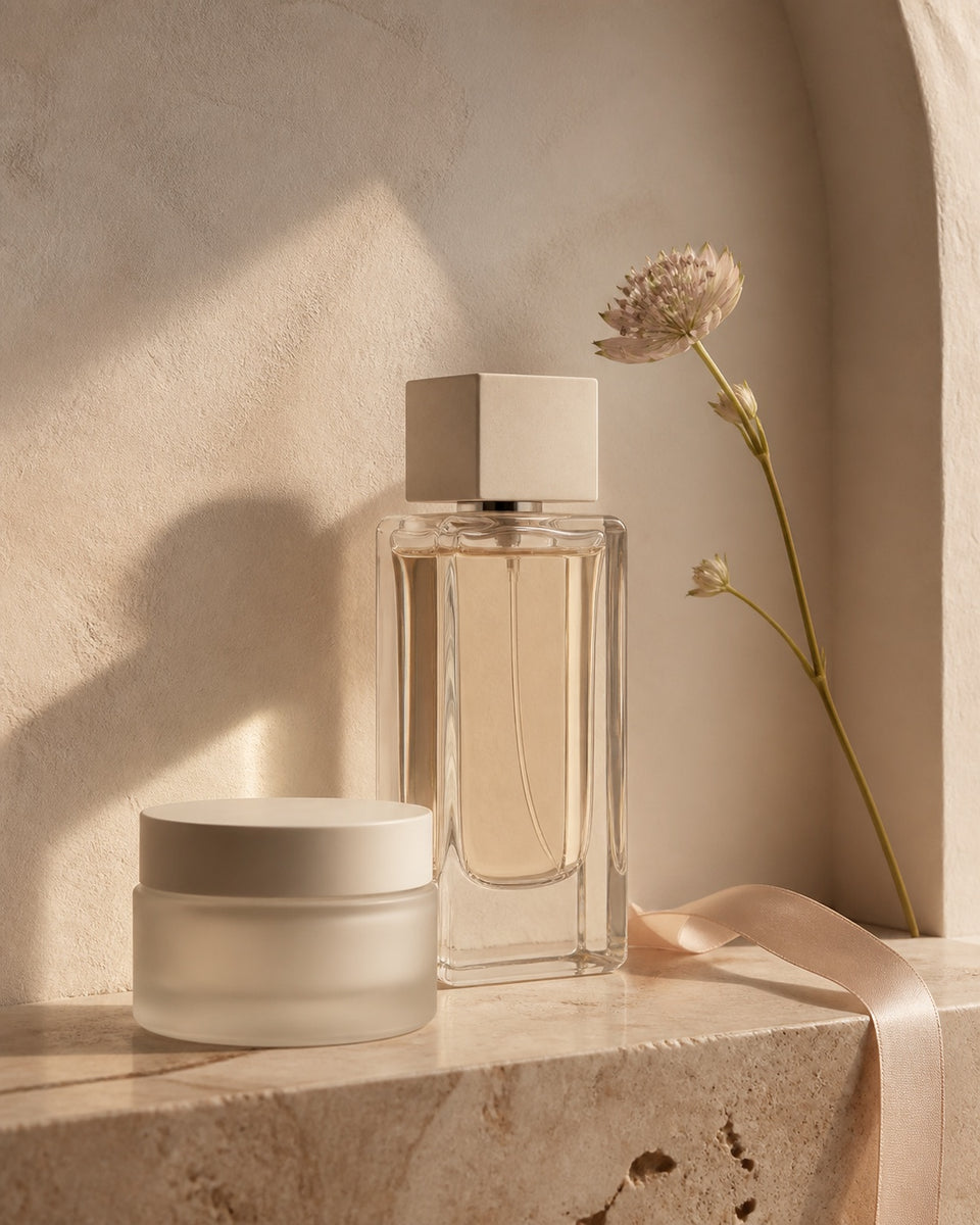 Skincare and fragrance arranged in warm light