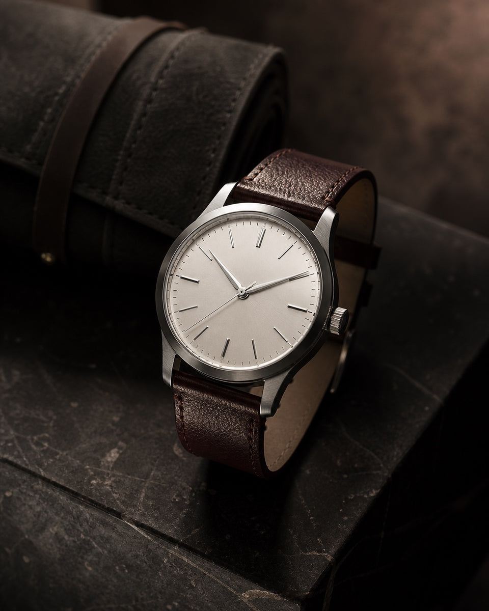 Close-up of a wristwatch on a dark surface
